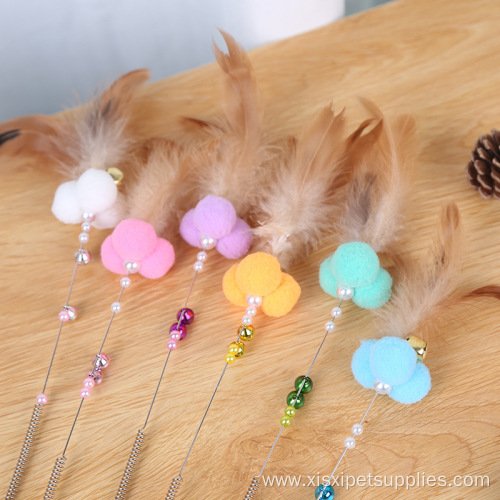 Colorful feather plush ball spring bell cat teaser
